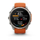 Et multisport-smartur fra Garmin, fenix 9 Pro InReach 51 mm med titaniumhus og et silikonerem i farverne Autumn Orange/Spark Orange, viser målinger på dansk, såsom Udholdenhed 43 %, Potentiale 71 %, BPM 177 og Hård zone 7:02; det har et rundt urskive og flere sideknapper.