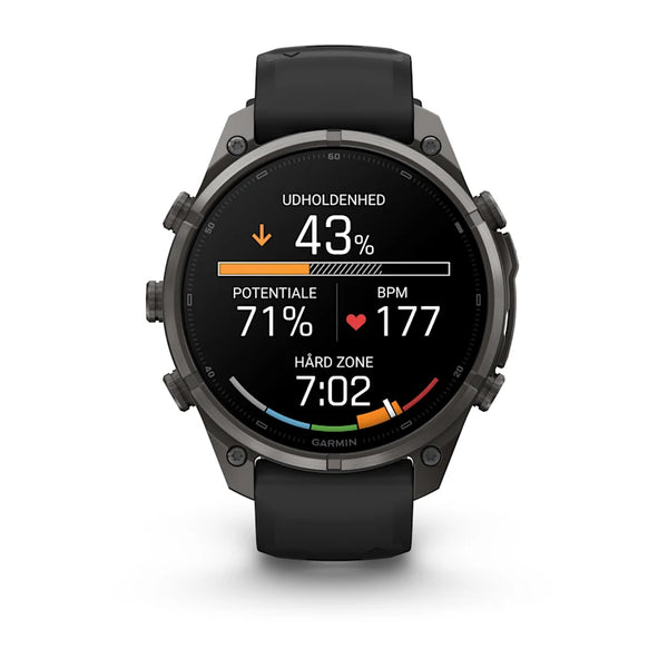 Garmin fenix 9 Pro inReach 47 mm i Carbon Grey DLC-titanium med en sort/stengrå silikonerem viser udholdenhed på 43 %, potentiale på 71 %, en puls på 177 og en hård zone på 7:02 på sin dansksprogede skærm, der er udstyret med flere sideknapper, som er typiske for avancerede multisport-smarture.