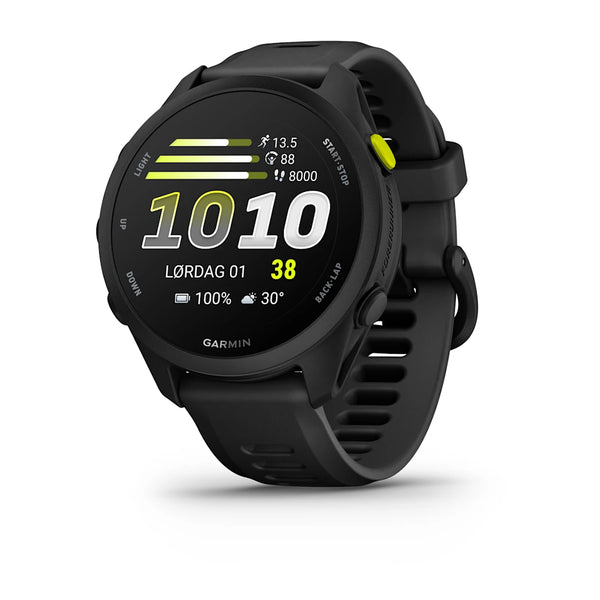 Garmin Forerunner 70, sort, viser puls, skridt, vejr, batteriprocent og klokken 10:10 på det runde digitale display. Det har en silikonerem og knapper på siden.