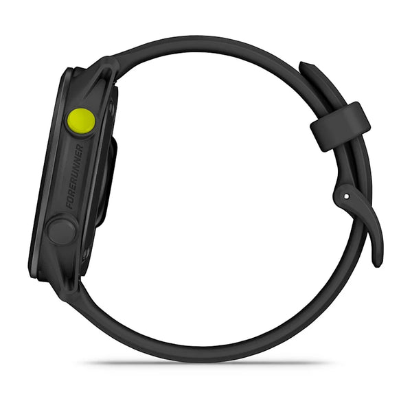 Garmin Forerunner 70, sort, set fra siden med en rund digital skærm, pulsmåling, gule og sorte sideknapper, Forerunner-branding og en silikonespænderem.