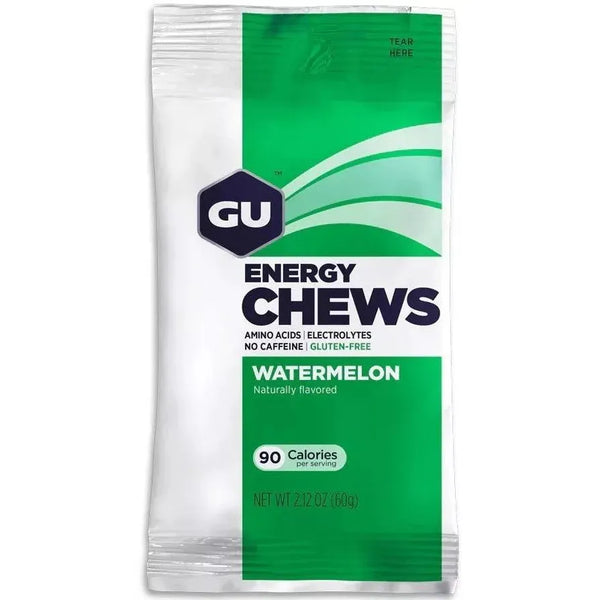 GU Energy Chews, Watermelon fra GU Energy leverer aminosyrer og elektrolytter uden koffein. Glutenfri og med 90 kalorier pr. portion er de ideelle til træning. Den grønne og hvide emballage gør dem nemme at få øje på.