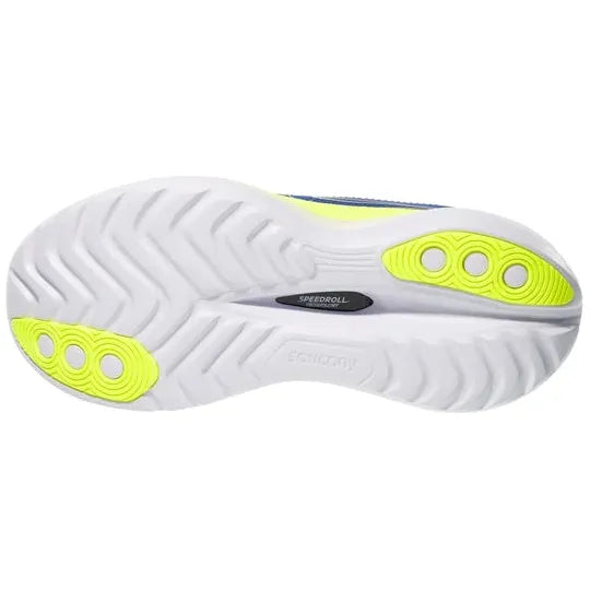 Billedet viser den hvide ydersål på Saucony Endorphin Trainer, Herre, Lapis/Citron, med gule cirkulære gummigreb og en central sort SPEEDROLL-label. De buede riller forbedrer trækkraften og gør den perfekt til træningssko-fans.