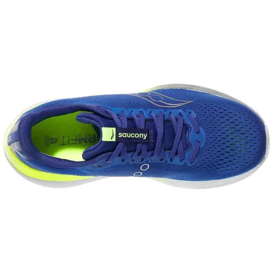 Et topbillede af Saucony Endorphin Trainer, Herre, Lapis/Citron viser en blå mesh-overdel, blå snørebånd, neongul foring og hæl samt Saucony-logoet på pløsen.