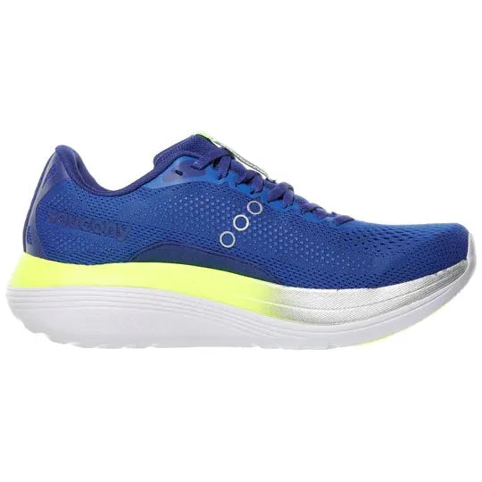 Saucony Endorphin Trainer Herre i Lapis/Citron har en blå mesh-overdel, sølvfarvet mellemsål, limegrønne detaljer og en tyk hvid sål med mærkets logo og tre cirkler - ideel til din næste sportslige løbesko.