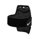 Et sort og sølvfarvet Nike Essentials-armbånd i unisex-design med et hvidt Swoosh-logo. Dette praktiske træningsarmbånd er designet som en mobilholder til løb med velcrolukning og en indvendig lomme og vises her på en ensfarvet hvid baggrund.