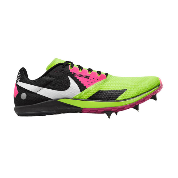 Et sidebillede af Nike Rival XC 6 unisex-løbepigge i Volt/White-Black-Hyper Pink med neongrøn mesh-overdel, sort og hvid Swoosh, pink detaljer, ZoomX-skummellemsål og metalpigge, der giver et suverænt offroad-greb.