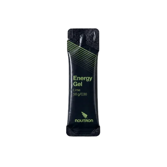 En sort pose med Noutron Energy Gel, Lime-smag, mærket med Energy Gel, Lime, 50 g/C30, Hydrokolloider og Noutron-logoet vises på en almindelig lysegrå baggrund.