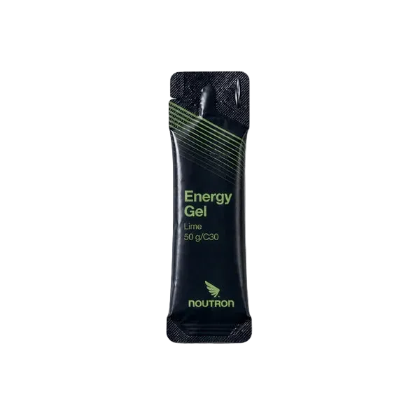En sort pose med Noutron Energy Gel, Lime-smag, mærket med Energy Gel, Lime, 50 g/C30, Hydrokolloider og Noutron-logoet vises på en almindelig lysegrå baggrund.