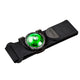 Orbiloc Run Dual, Unisex, 113 Green fra Orbiloc er et sort armbånd med et centralt rundt grønt LED-lys, designet i Danmark for at øge din sikkerhed under løb. "Orbiloc Run Dual" står både på armbåndet og på enheden.