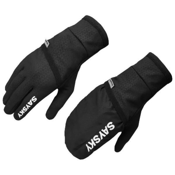 Et par sorte Pace-handsker fra Saysky, unisex, med "SAYSKY" trykt i hvidt på bagsiden, med touchscreen-kompatibilitet, vist med håndfladen nedad og håndfladen opad på en hvid baggrund.