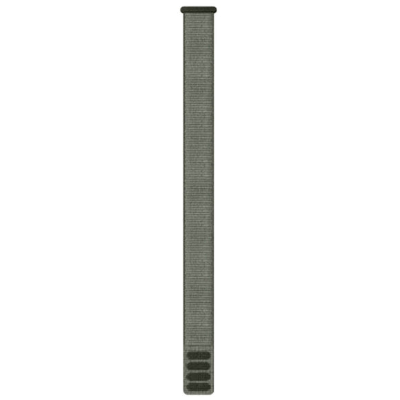 En enkelt Garmin UltraFit Nylonstrap 20mm, Unisex, Grey, er vist lodret på en almindelig hvid baggrund med en løkke øverst og velcrobånd nederst.