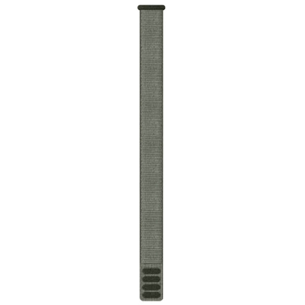En enkelt Garmin UltraFit Nylonstrap 20mm, Unisex, Grey, er vist lodret på en almindelig hvid baggrund med en løkke øverst og velcrobånd nederst.