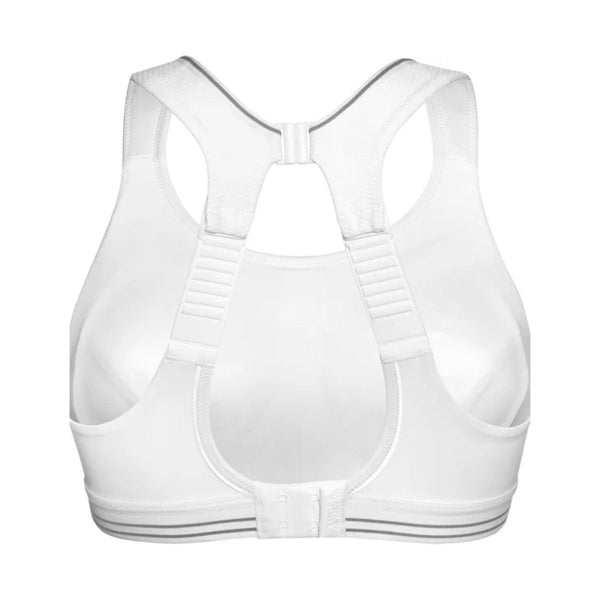 Shock Absorber Ultimate Run Bra Padded, Dame, White har en racerback med tykke stropper, nøglehulsudskæring, fugttransporterende materiale og hægtelukning for maksimal støtte, her set bagfra.