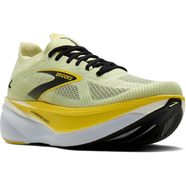 Nærbillede af Brooks Hyperion Max 3 herre løbesko i Luminary/Cyber Yellow/Black med sorte snørebånd, gule og sorte sidestriber og en tyk hvid/gul sål med "Hyperion Max"-mærke.
