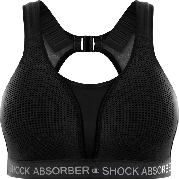 Shock Absorber Ultimate Run Bra Padded v1 til kvinder i sort har netlignende perforeringer, tykke stropper, racerback-design og elastisk bånd med mærke - perfekt til løb og giver maksimal støtte.