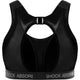 Shock Absorber Ultimate Run Bra Padded v1 til kvinder i sort er vist bagfra med en racerback-udskæring og justerbar hægte. "SHOCK ABSORBER" er trykt i hvidt på det nederste bånd for en stilfuld finish.