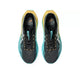 Et par ASICS Superblast 3 unisex-sko i farvekombinationen Obsidian Grey/Ice Mint ses set ovenfra på en hvid baggrund. Skoene har blågrønne såler med det innovative FF LEAP-skum, gule detaljer på hælen og blågrønne snøredetaljer. ASICS-logoet er placeret på indersålerne og fremhæver det elegante design i Superblast 3-serien.