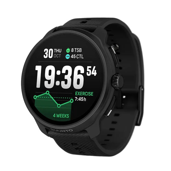 Suunto Race 2 All Black AMOLED GPS Sportsur er et digitalt smartwatch med en rund urskive og en struktureret sort rem. Det viser dato, klokkeslæt og detaljerede træningsstatistikker såsom træningsvarighed, træningsbelastning og en 4-ugers fremskridtsgraf. Dette Suunto-ur er udstyret med Multiband-GPS for forbedret positionsnøjagtighed og er desuden kompatibelt med topografiske kort.