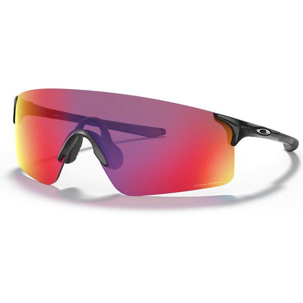 Oakley EVZero Blades (Unisex, Polished Black/Prizm Road) sportssolbrille med ét buet glas i rød-gul, sorte næsepuder og tynde sorte stænger med Oakley-logo - ideelle til løbetræning.