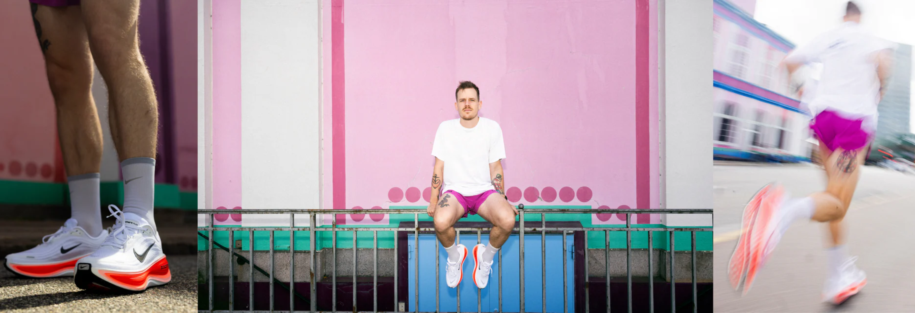 En mand i hvid t-shirt og lilla shorts sidder på et metalrækværk foran en lyserød væg. Til venstre et nærbillede af hans ben og sko; til højre et sløret billede af ham, der løber.